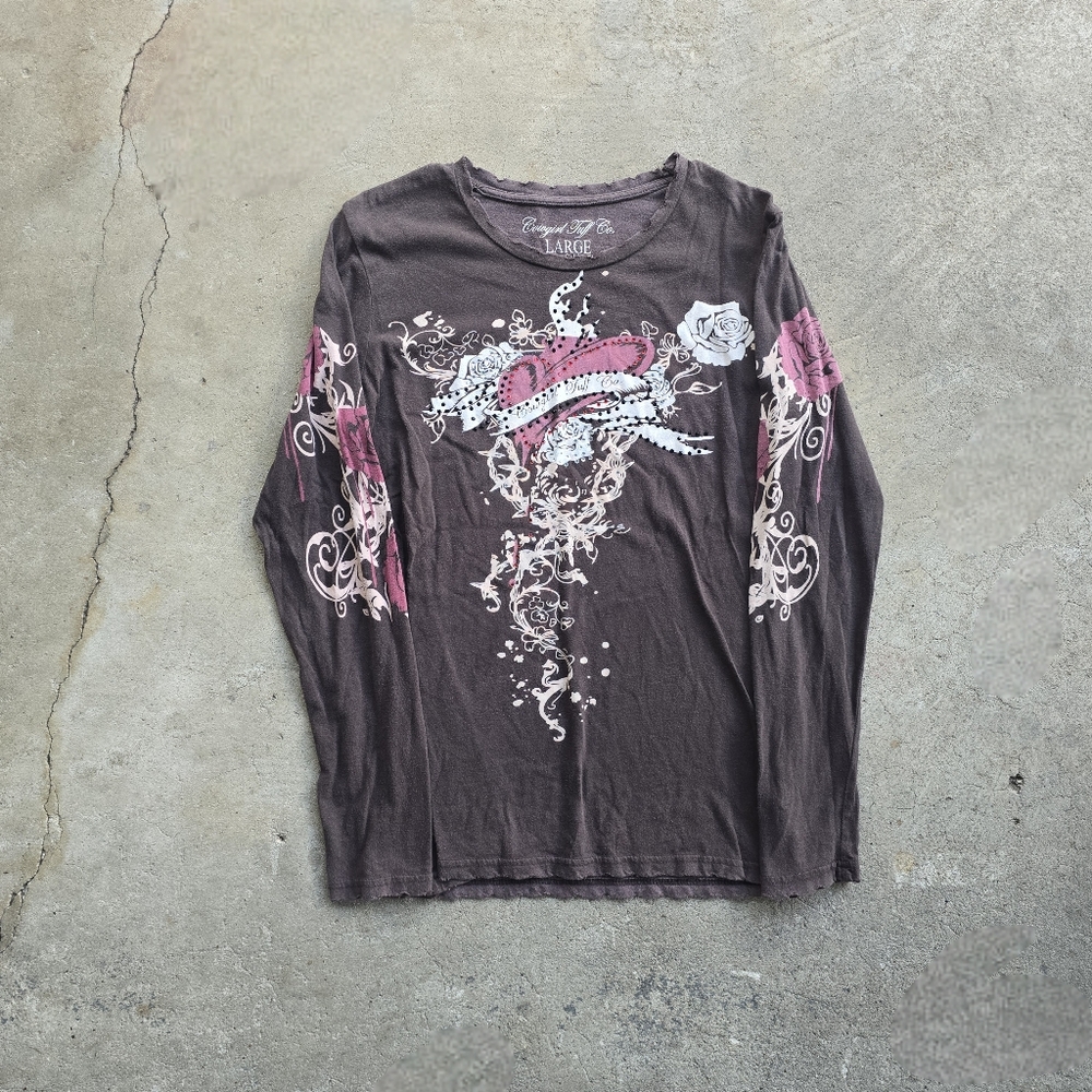 vtg y2k Cowgirl tuff tattoo heart Grunge bling cyber top